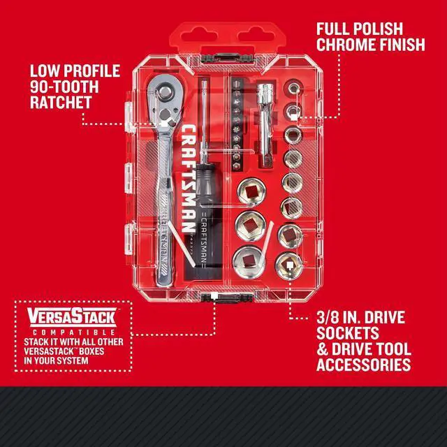 Alt view image 2 of 5 - Mechanics Tool Set, 24 Piece, 3/8 Inch Drive SAE, 90-Tooth (CMMT12112)