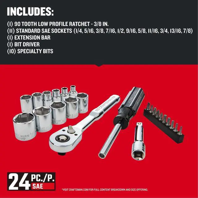 Alt view image 3 of 5 - Mechanics Tool Set, 24 Piece, 3/8 Inch Drive SAE, 90-Tooth (CMMT12112)