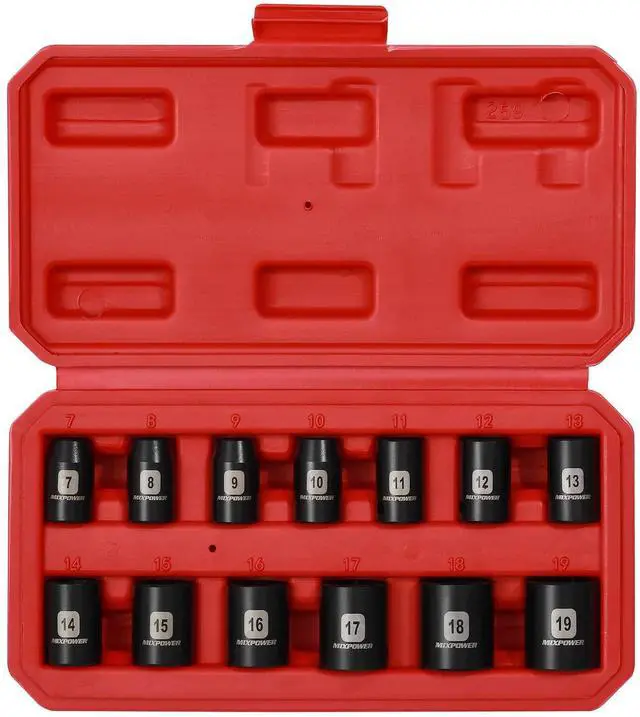 Alt view image 2 of 7 - 13 Pieces 3/8-Inch Drive Shallow Impact Socket Set, 7mm to 19mm, CR-V, Metric, 6 Point, Shallow, 13 Pieces 3/8" Dr. Socket