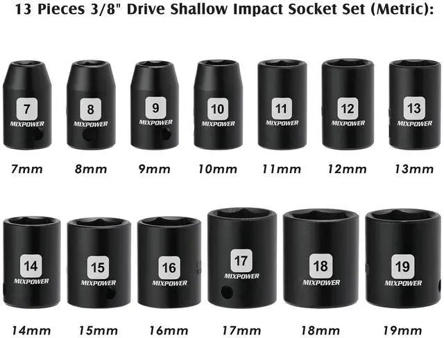 Alt view image 3 of 7 - 13 Pieces 3/8-Inch Drive Shallow Impact Socket Set, 7mm to 19mm, CR-V, Metric, 6 Point, Shallow, 13 Pieces 3/8" Dr. Socket