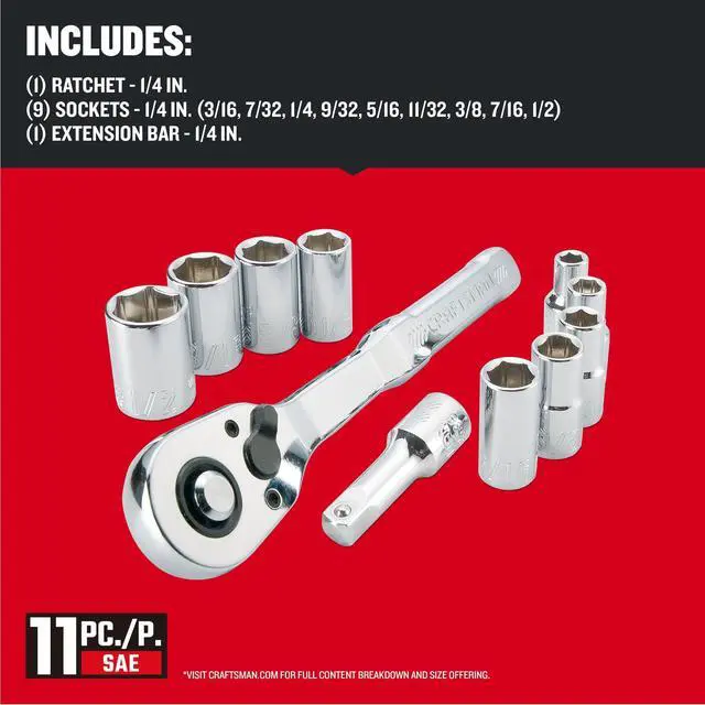 Alt view image 3 of 5 - Mechanics Tool Set, SAE, 1/4 Inch Drive, 11 Piece, 90-Tooth (CMMT34870)