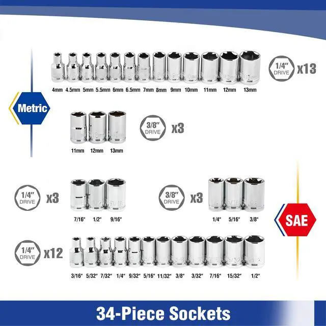 Alt view image 2 of 7 - 39-Piece Drive CR-V Socket Set(1/4" & 3/8") | Metric & SAE, Quick-Release Ratchet Wrench, Extension Bar, Spinner Handle & Adapter, Compact, Automotive Repair