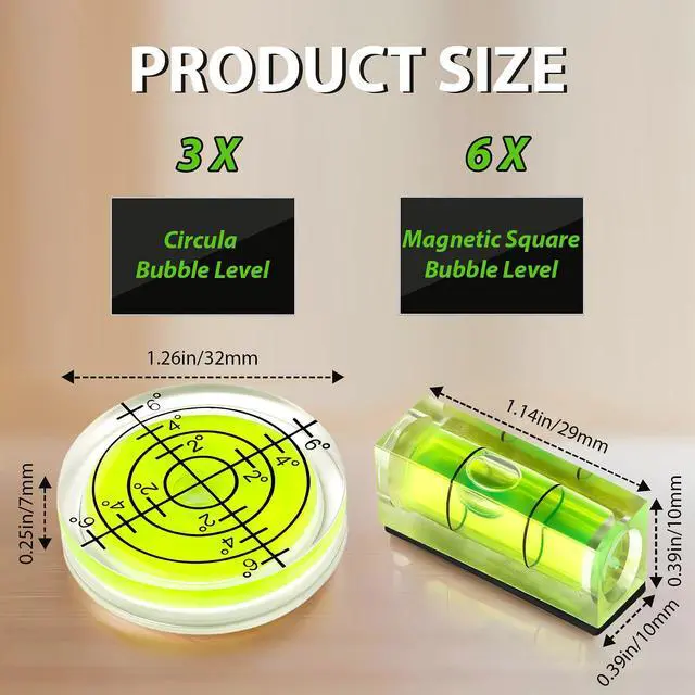 Alt view image 2 of 7 - 9Pcs Small Bubble Levels, Mini Magnetic Spirit Level Measuring Layout Tools | 6 Square + 3 Circular,for Balancing Picture Hanging, Camera, Turntable, Tripod, Frame, Drill, 10x10x29mm, 32x7mm