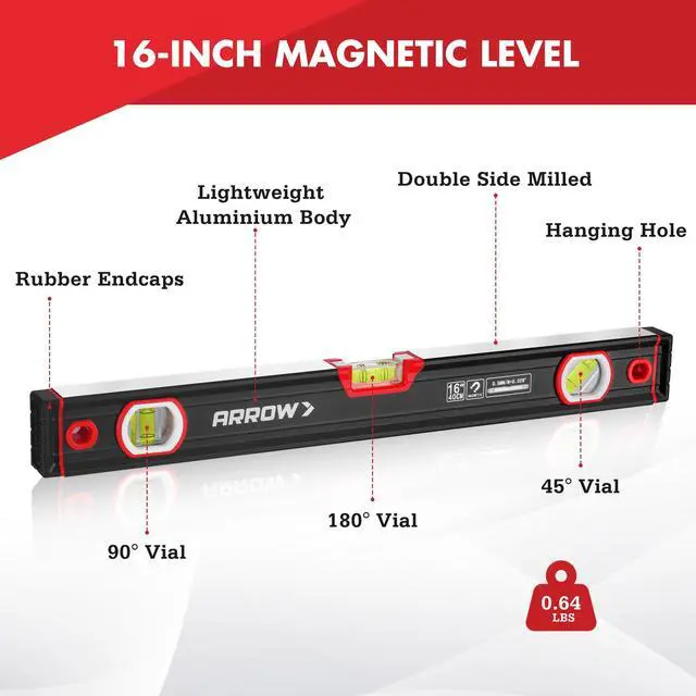 Alt view image 3 of 7 - 16-Inch Level, Magnetic Torpedo Level for Construction, Carpentry | Leveler with 45°/90°/180° Bubbles, Aluminum Alloy Body, Precision-Machined Base, Shockproof End Caps, V-Groove & Hanging Hole