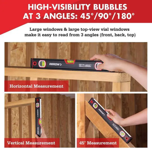 Alt view image 4 of 7 - 16-Inch Level, Magnetic Torpedo Level for Construction, Carpentry | Leveler with 45°/90°/180° Bubbles, Aluminum Alloy Body, Precision-Machined Base, Shockproof End Caps, V-Groove & Hanging Hole