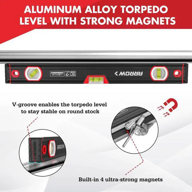 Alt view image 5 of 7 - 16-Inch Level, Magnetic Torpedo Level for Construction, Carpentry | Leveler with 45°/90°/180° Bubbles, Aluminum Alloy Body, Precision-Machined Base, Shockproof End Caps, V-Groove & Hanging Hole