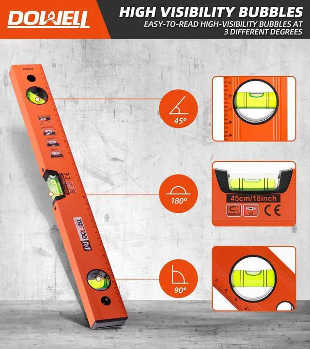 Alt view image 3 of 7 - 18 Inch Magnetic Spirit Level, Torpedo Level, Leveler Tool | 18-inch magnetic spirit level, 3 vials (45°/90°/180°), aluminum alloy, TPR shockproof ends, metric scale, high-visibility
