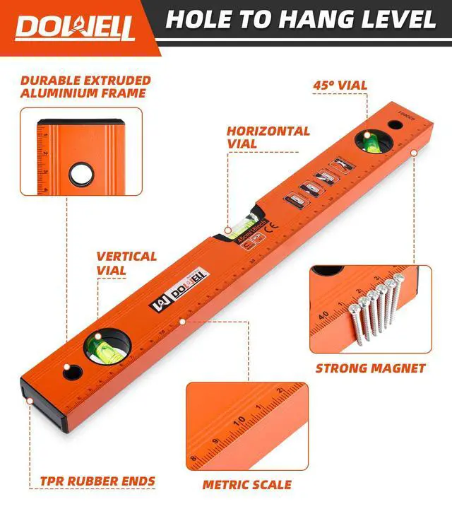 Alt view image 4 of 7 - 18 Inch Magnetic Spirit Level, Torpedo Level, Leveler Tool | 18-inch magnetic spirit level, 3 vials (45°/90°/180°), aluminum alloy, TPR shockproof ends, metric scale, high-visibility