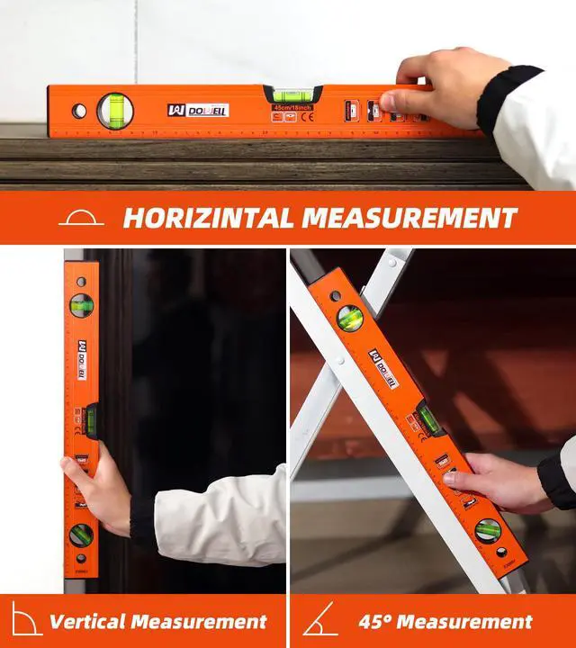 Alt view image 7 of 7 - 18 Inch Magnetic Spirit Level, Torpedo Level, Leveler Tool | 18-inch magnetic spirit level, 3 vials (45°/90°/180°), aluminum alloy, TPR shockproof ends, metric scale, high-visibility