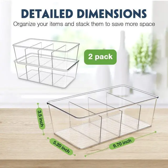 Alt view image 2 of 6 - Pantry Organization and Storage Bins with Dividers Kitchen Organizer 2 Pack | Clear Refrigerator Organization Bin for Food, Snacks, Packets Pouches, Spice Packet, Fridge Cabinet Plastic Holder