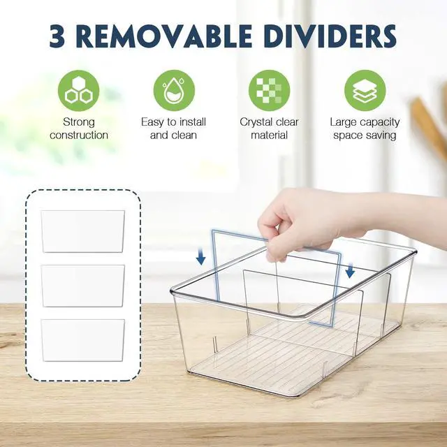 Alt view image 3 of 6 - Pantry Organization and Storage Bins with Dividers Kitchen Organizer 2 Pack | Clear Refrigerator Organization Bin for Food, Snacks, Packets Pouches, Spice Packet, Fridge Cabinet Plastic Holder