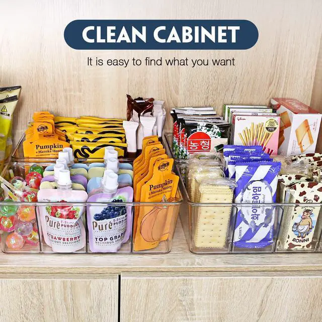 Alt view image 5 of 6 - Pantry Organization and Storage Bins with Dividers Kitchen Organizer 2 Pack | Clear Refrigerator Organization Bin for Food, Snacks, Packets Pouches, Spice Packet, Fridge Cabinet Plastic Holder