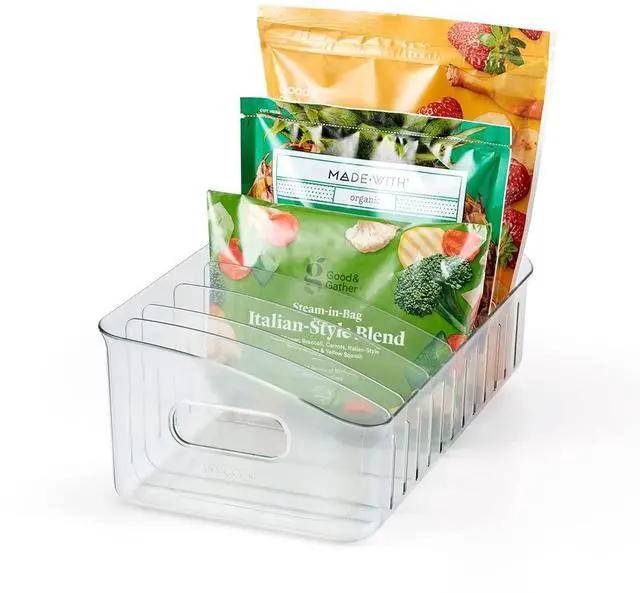 Main image of FreezeUp Freezer Bin 12", BPA-Free Fridge Organizer with Adjustable Dividers and Handle for Frozen Food and Leftovers
