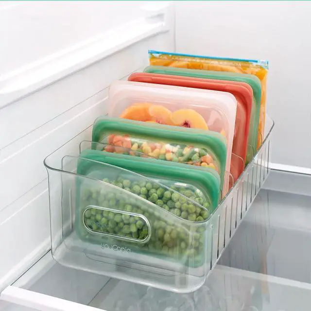 Alt view image 5 of 7 - FreezeUp Freezer Bin 12", BPA-Free Fridge Organizer with Adjustable Dividers and Handle for Frozen Food and Leftovers