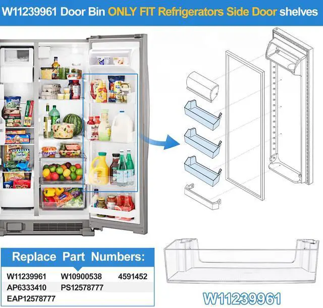 Alt view image 3 of 7 - UPGRADED W11239961 W10900538 Refrigerator Door Shelf Replacement Compatible with Whirlpool Refrigerator Door Shelf Parts WRS315SDHZ08 WRS321SDHZ08 WRS321SDHZ01 WRS325SDHZ01 PS12578777 Door Bin Shelves