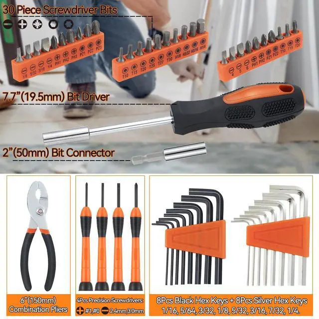 Alt view image 3 of 7 - Household Tool Set, Orange Hand Kit with Storage Case, 58-Piece | All Purpose Hand Tool Kit, General Small Tool Kit, for Home Garage, Office, College Dorm, Daily DIY Repairs, Household Use