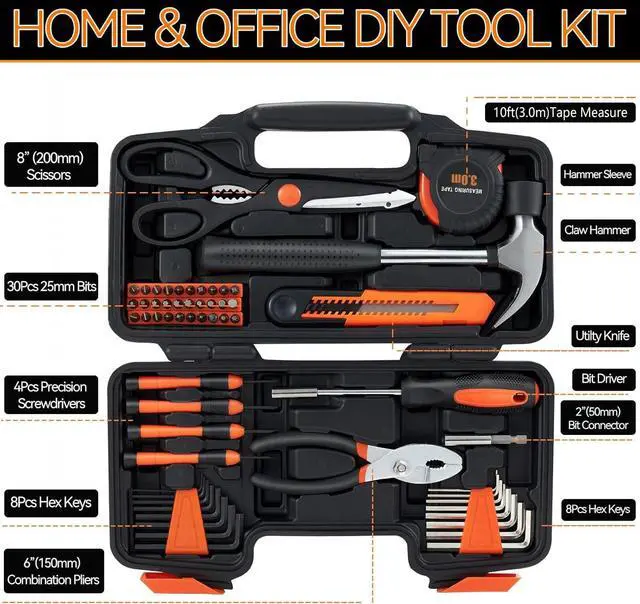 Alt view image 2 of 7 - Household Tool Set, Orange Hand Kit with Storage Case, 58-Piece | All Purpose Hand Tool Kit, General Small Tool Kit, for Home Garage, Office, College Dorm, Daily DIY Repairs, Household Use