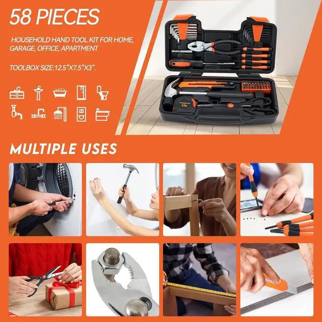 Alt view image 6 of 7 - Household Tool Set, Orange Hand Kit with Storage Case, 58-Piece | All Purpose Hand Tool Kit, General Small Tool Kit, for Home Garage, Office, College Dorm, Daily DIY Repairs, Household Use
