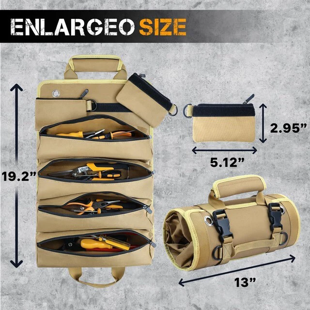 Alt view image 2 of 7 - Roll Up Tool Bag, Heavy Duty Tool Organizer with 2 Detachable Pouches, Durable Tool Storage for Men, Women, Husband, Handyman, RV Owners, Khaki