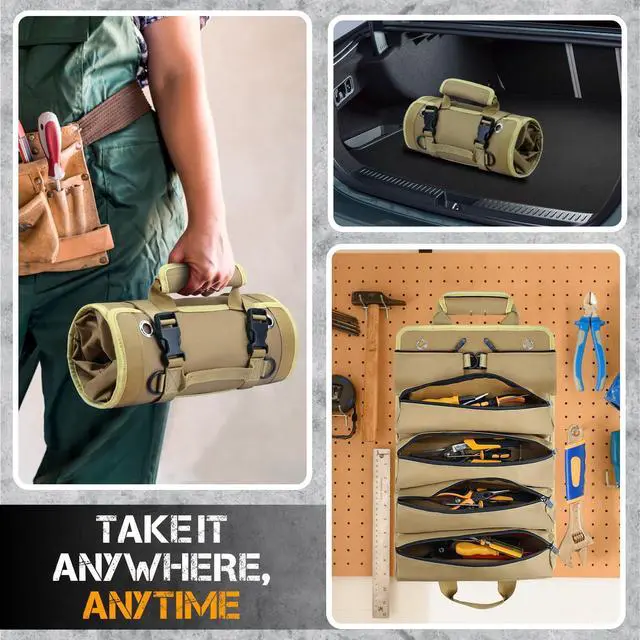 Alt view image 3 of 7 - Roll Up Tool Bag, Heavy Duty Tool Organizer with 2 Detachable Pouches, Durable Tool Storage for Men, Women, Husband, Handyman, RV Owners, Khaki