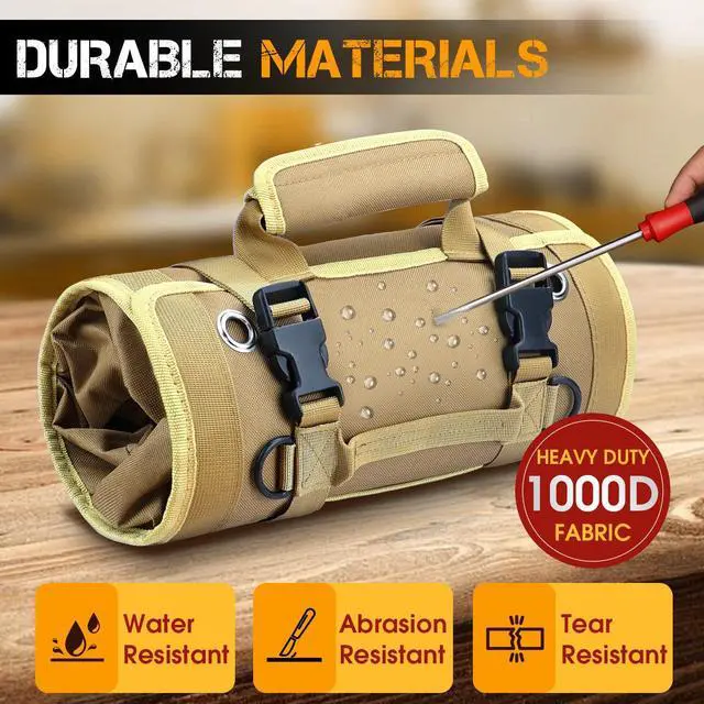 Alt view image 4 of 7 - Roll Up Tool Bag, Heavy Duty Tool Organizer with 2 Detachable Pouches, Durable Tool Storage for Men, Women, Husband, Handyman, RV Owners, Khaki