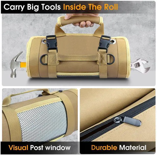 Alt view image 6 of 7 - Roll Up Tool Bag, Heavy Duty Tool Organizer with 2 Detachable Pouches, Durable Tool Storage for Men, Women, Husband, Handyman, RV Owners, Khaki