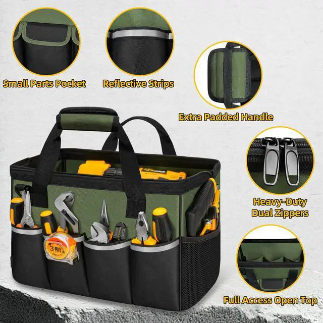 Alt view image 3 of 7 - Portable Tool Bag Heavy Duty Tool Box Organizer with Shoulder Strap,M-Green | Heavy-Duty Tool Tote With Wide Mouth Opening & Adjustable Shoulder Strap. Durable Storage Bag For Mechanics & Engineers.