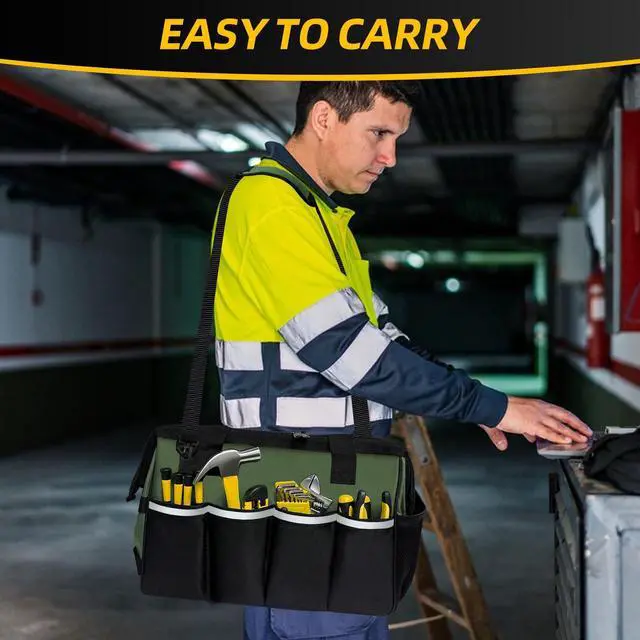 Alt view image 7 of 7 - Portable Tool Bag Heavy Duty Tool Box Organizer with Shoulder Strap,M-Green | Heavy-Duty Tool Tote With Wide Mouth Opening & Adjustable Shoulder Strap. Durable Storage Bag For Mechanics & Engineers.