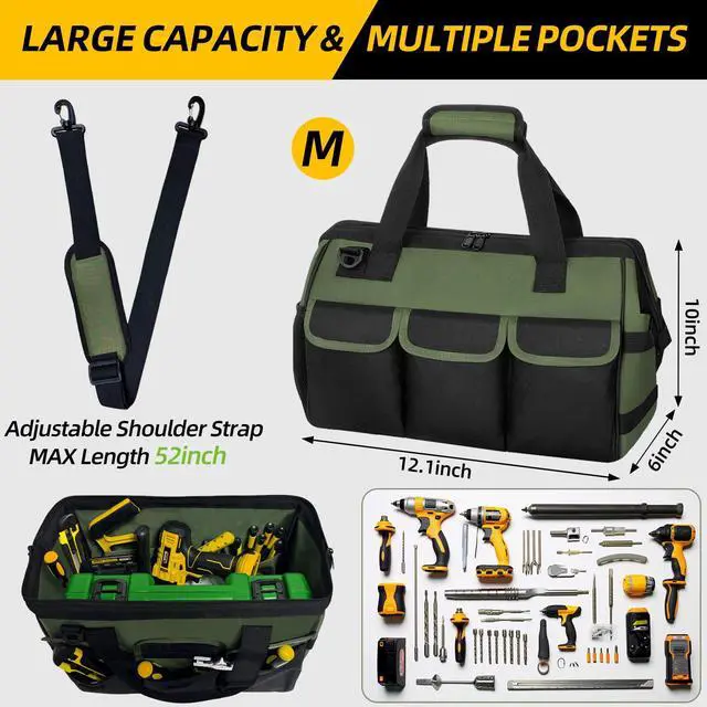 Alt view image 2 of 7 - Portable Tool Bag Heavy Duty Tool Box Organizer with Shoulder Strap,M-Green | Heavy-Duty Tool Tote With Wide Mouth Opening & Adjustable Shoulder Strap. Durable Storage Bag For Mechanics & Engineers.