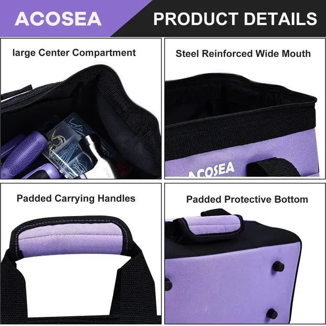 Alt view image 4 of 7 - 13 Inch Purple Tool Bag | Wide Mouth Open Tool Organizer with 12 Storage Pockets,Made with Strong,Sturdy,Water Resistant Material