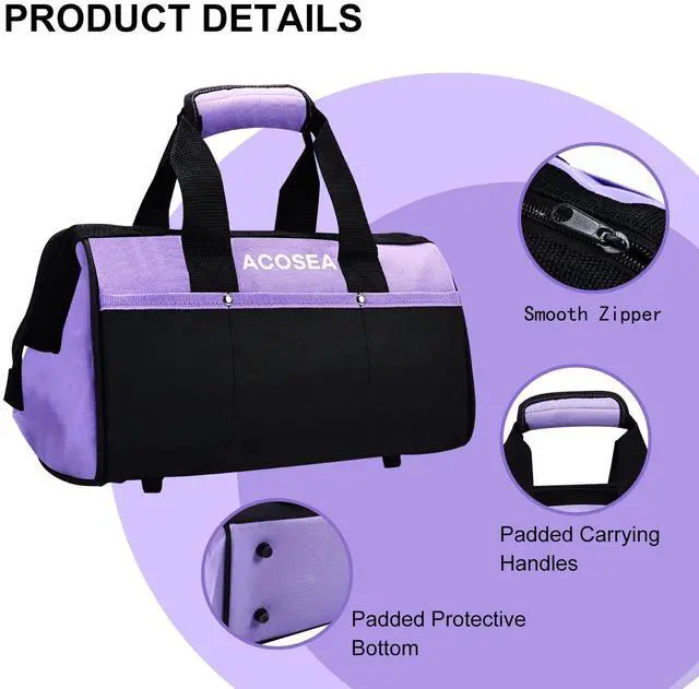 Alt view image 3 of 7 - 13 Inch Purple Tool Bag | Wide Mouth Open Tool Organizer with 12 Storage Pockets,Made with Strong,Sturdy,Water Resistant Material