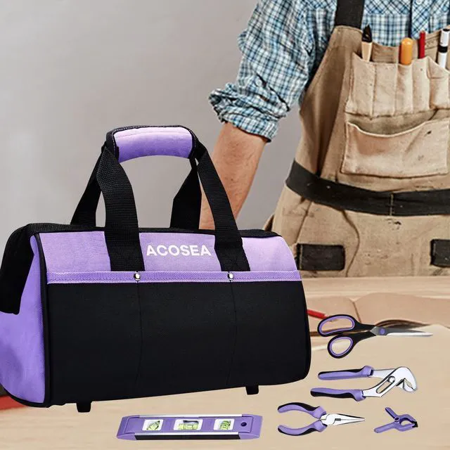 Alt view image 6 of 7 - 13 Inch Purple Tool Bag | Wide Mouth Open Tool Organizer with 12 Storage Pockets,Made with Strong,Sturdy,Water Resistant Material