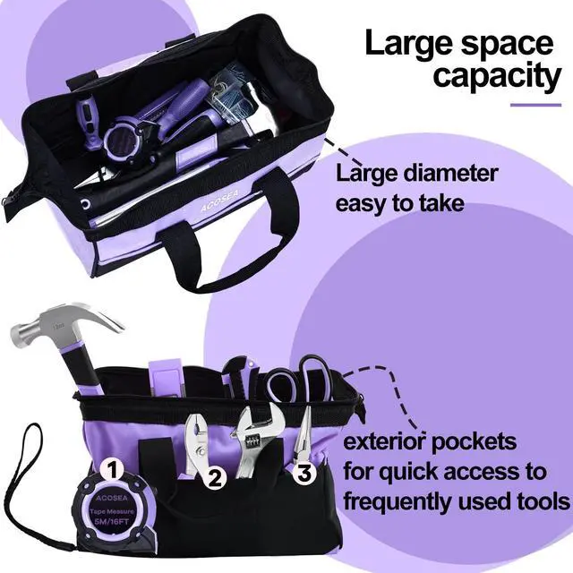 Alt view image 5 of 7 - 13 Inch Purple Tool Bag | Wide Mouth Open Tool Organizer with 12 Storage Pockets,Made with Strong,Sturdy,Water Resistant Material