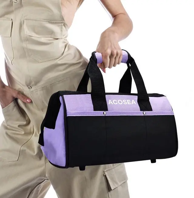 Alt view image 7 of 7 - 13 Inch Purple Tool Bag | Wide Mouth Open Tool Organizer with 12 Storage Pockets,Made with Strong,Sturdy,Water Resistant Material