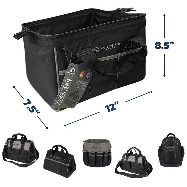 Alt view image 2 of 7 - Tool Bag 12 Inch, Heavy Duty Tools Bag with 3 Large Pockets, Adjustable Shouder Straps and 600D Reinforced Material
