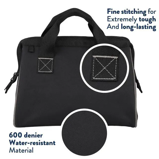 Alt view image 3 of 7 - Tool Bag 12 Inch, Heavy Duty Tools Bag with 3 Large Pockets, Adjustable Shouder Straps and 600D Reinforced Material