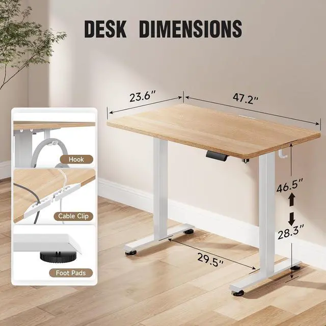 Alt view image 2 of 5 - 47.2 Inch Electric Standing Desk, Height Adjustable Sit Stand Up, Wood Desktop, Work Home Office Computer PC Desks, Gaming Writing Study Bedroom Rising Table, Nature