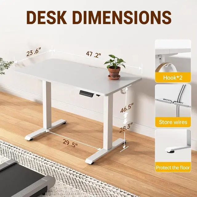 Alt view image 3 of 7 - 47.2 Inch Large Electric Standing Desk, Heights Adjustable, Sit to Stand Up, Work Home Office Computer Table for Study, Walking Pad, Writing, and Games, Wooden Desktop Desks, White