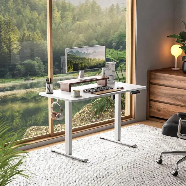 Alt view image 7 of 7 - 47.2 Inch Large Electric Standing Desk, Heights Adjustable, Sit to Stand Up, Work Home Office Computer Table for Study, Walking Pad, Writing, and Games, Wooden Desktop Desks, White