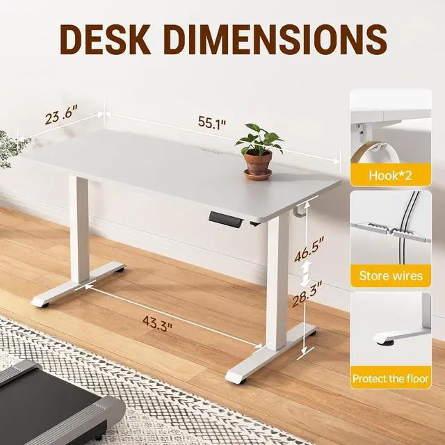 Alt view image 6 of 7 - 55 Inch Large Electric Standing Desk,Sit to Stand Up, Heights Adjustable, Work Home Office Computer Table for Study, Walking Pad, Writing, and Games, Wooden Desktop Desks, White