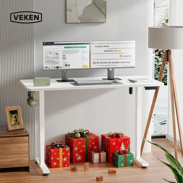 Alt view image 5 of 7 - 55 Inch Large Electric Standing Desk,Sit to Stand Up, Heights Adjustable, Work Home Office Computer Table for Study, Walking Pad, Writing, and Games, Wooden Desktop Desks, White
