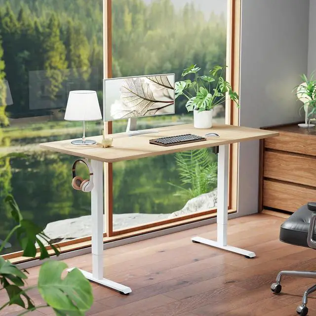Alt view image 2 of 7 - 55 Inch Large Electric Standing Desk, 4 Memory Heights Adjustable,Sit to Stand Up, Work Home Office Computer Table for Study, Walking Pad, Writing, and Games, Wooden Desktop Desks, Nature Wood