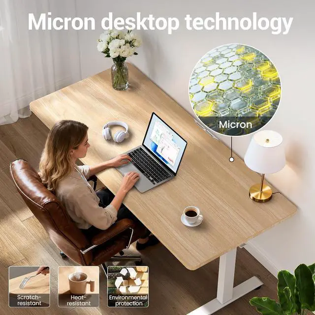 Alt view image 5 of 7 - 55 Inch Large Electric Standing Desk, 4 Memory Heights Adjustable,Sit to Stand Up, Work Home Office Computer Table for Study, Walking Pad, Writing, and Games, Wooden Desktop Desks, Nature Wood