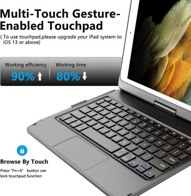 Alt view image 4 of 7 - TQQ Touch for iPad 9th Generation Case with Keyboard (10.2", 2021), Multi-Touch Trackpad, 360° Rotatable Protective Cover for iPad Keyboard 9th/8th/7th Gen with Pencil Holder (Black)