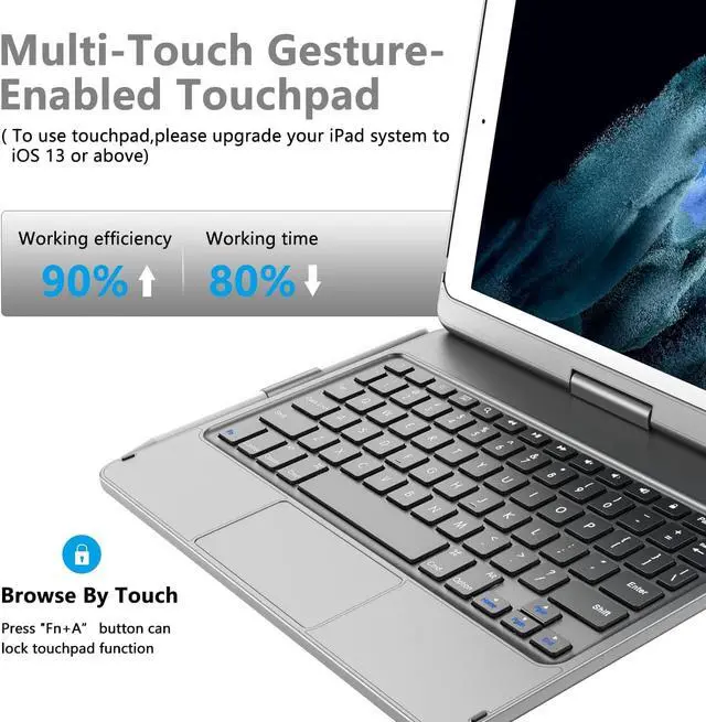 Alt view image 6 of 7 - TQQ Touch for iPad 9th Generation Case with Keyboard (10.2", 2021), Multi-Touch Trackpad, 360° Rotatable Protective Cover for iPad Keyboard 9th/8th/7th Gen with Pencil Holder (Gray)