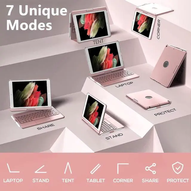 Alt view image 5 of 7 - TQQ Touch for iPad 9th Generation Case with Keyboard (10.2", 2021), Multi-Touch Trackpad, 360° Rotatable Protective Cover for iPad Keyboard 9th/8th/7th Gen with Pencil Holder (Rose Gold)