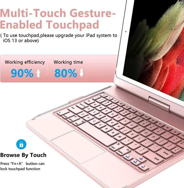 Alt view image 3 of 7 - TQQ Touch for iPad 9th Generation Case with Keyboard (10.2", 2021), Multi-Touch Trackpad, 360° Rotatable Protective Cover for iPad Keyboard 9th/8th/7th Gen with Pencil Holder (Rose Gold)