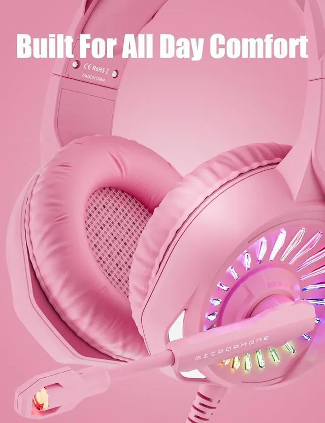 Alt view image 7 of 7 - Z20 Pink Gaming Headset with Microphone, Compatible with PS4 PS5 Xbox One PC Laptop, Over-Ear Headphones with LED RGB Light, Noise Canceling Mic, Stereo Surround Sound (Pink)