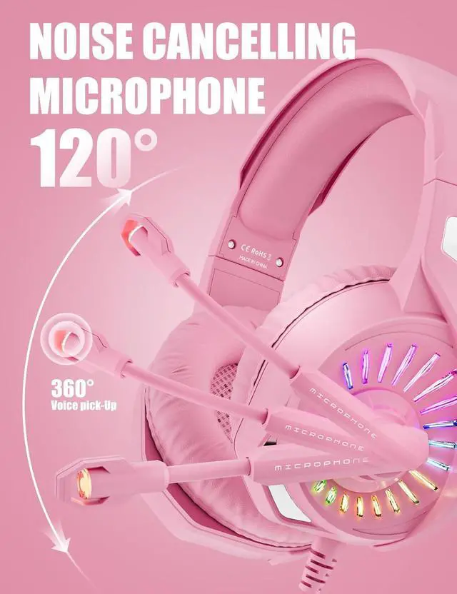 Alt view image 3 of 7 - Z20 Pink Gaming Headset with Microphone, Compatible with PS4 PS5 Xbox One PC Laptop, Over-Ear Headphones with LED RGB Light, Noise Canceling Mic, Stereo Surround Sound (Pink)