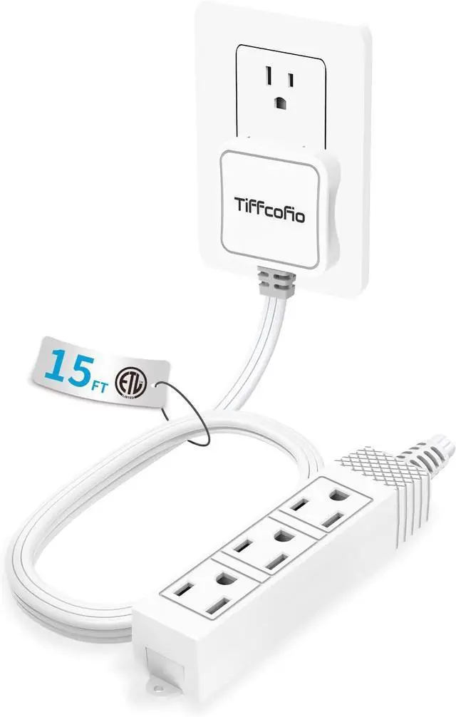 Main image of Flat Plug Outlet Strip, 15 Feet Extension Cord 3 Prong, 3 Grounded Outlets with Mounting Holes, 13A/1625W, 16 AWG